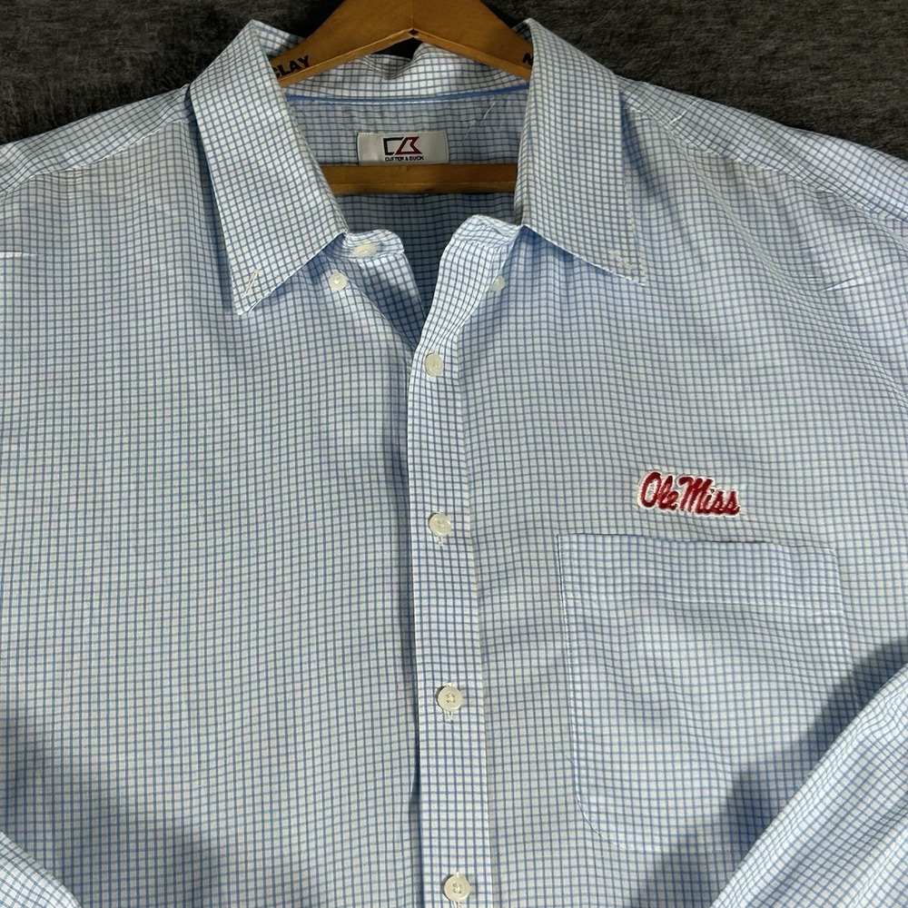 Men's Ole Miss Embroidered Powder Blue White Plaid Button Up Shirt Size 3XT